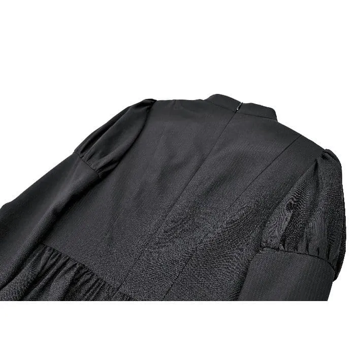 Gothic-Kleid für Damen mit Mesh-Einsätzen, Stehkragen, Stufenrock, Puffärmeln und kurzem Schnitt – ideal für Abschlussfeiern