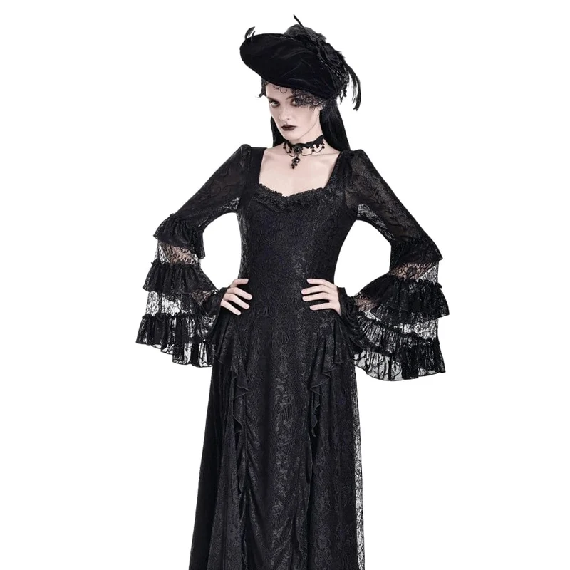 Gothic Maxikleid für Damen mit eckigem Ausschnitt, Jacquard-Stufenmuster, Glockenärmeln und Spitze aus Mesh