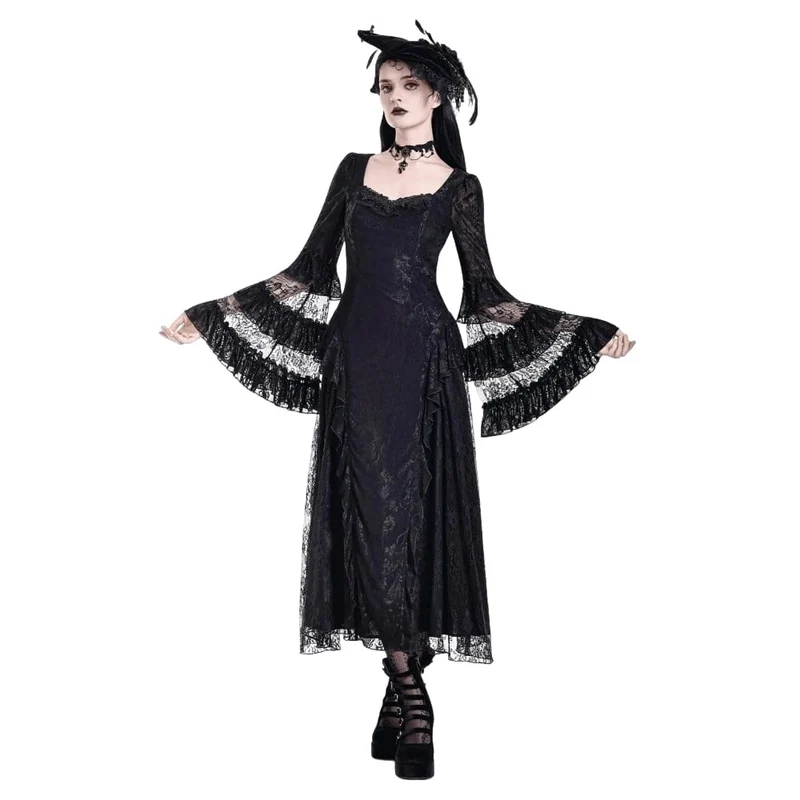 Gothic Maxikleid für Damen mit eckigem Ausschnitt, Jacquard-Stufenmuster, Glockenärmeln und Spitze aus Mesh