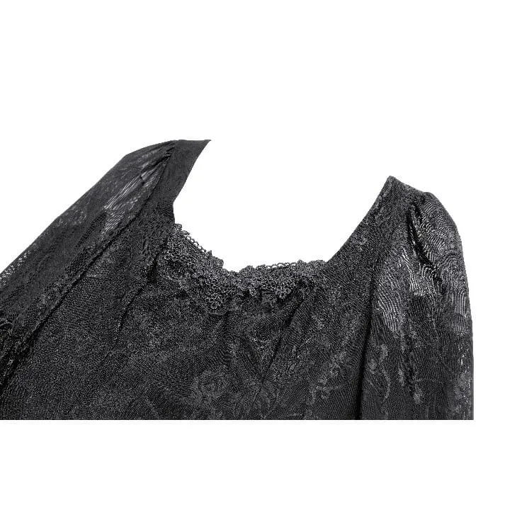 Gothic Maxikleid für Damen mit eckigem Ausschnitt, Jacquard-Stufenmuster, Glockenärmeln und Spitze aus Mesh