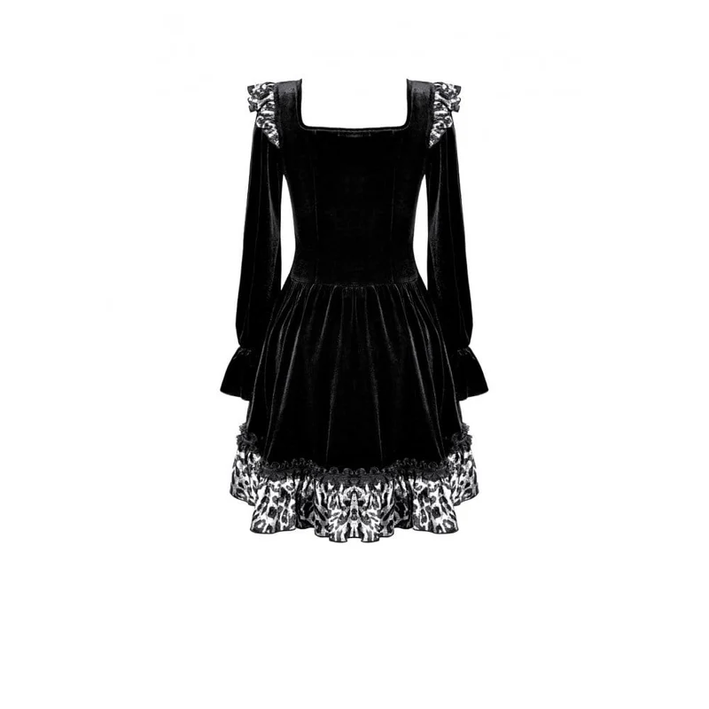 Gothic-Abendkleid für Damen mit Leopardenmuster, Rüschenbesatz und Bischofsärmeln aus Samt
