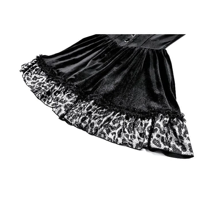 Gothic-Abendkleid für Damen mit Leopardenmuster, Rüschenbesatz und Bischofsärmeln aus Samt