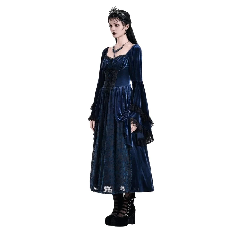Gothic-Maxikleid für Damen mit Schnürung, Rüschen und ausgestellten Ärmeln, blau