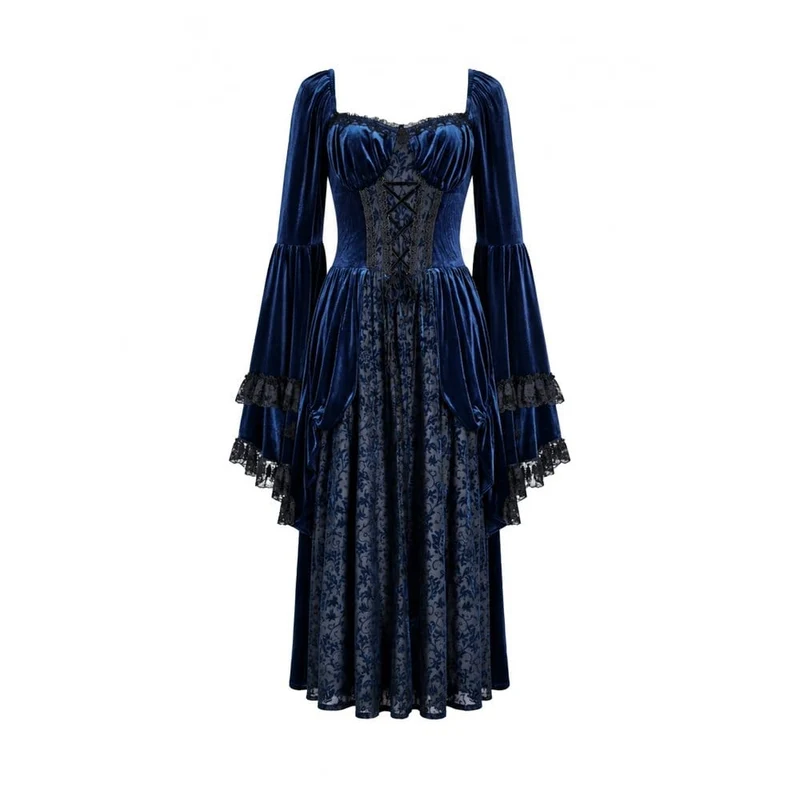 Gothic-Maxikleid für Damen mit Schnürung, Rüschen und ausgestellten Ärmeln, blau