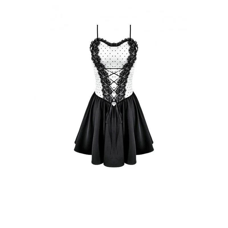 Gothic-Kleid mit Polka-Dots, Schnürung und ausgestelltem Rock für Damen, Abschlusskleid