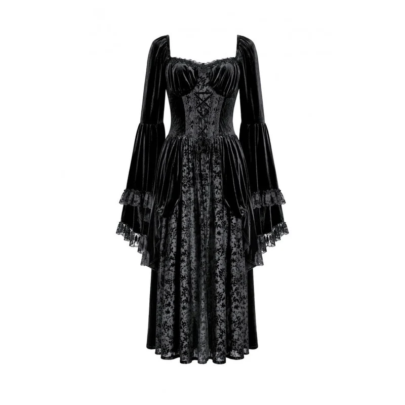 Schwarzes Gothic-Maxikleid mit Schnürung, Rüschen und ausgestellten Ärmeln für Damen – ideal als Hochzeitskleid