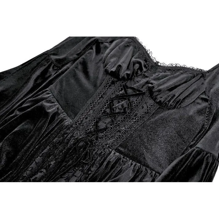 Schwarzes Gothic-Maxikleid mit Schnürung, Rüschen und ausgestellten Ärmeln für Damen – ideal als Hochzeitskleid