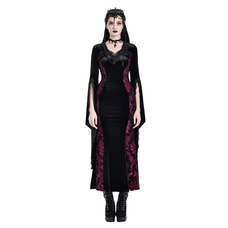 Gothic-Maxikleid aus Samt mit Applikationen, V-Ausschnitt und ausgestellten Ärmeln für Damen – Hochzeitskleid