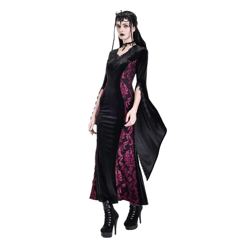 Gothic-Maxikleid aus Samt mit Applikationen, V-Ausschnitt und ausgestellten Ärmeln für Damen – Hochzeitskleid