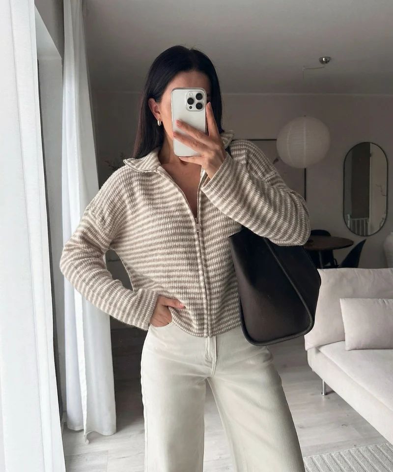 Zip Strickjacke Helena Streifen Taupe