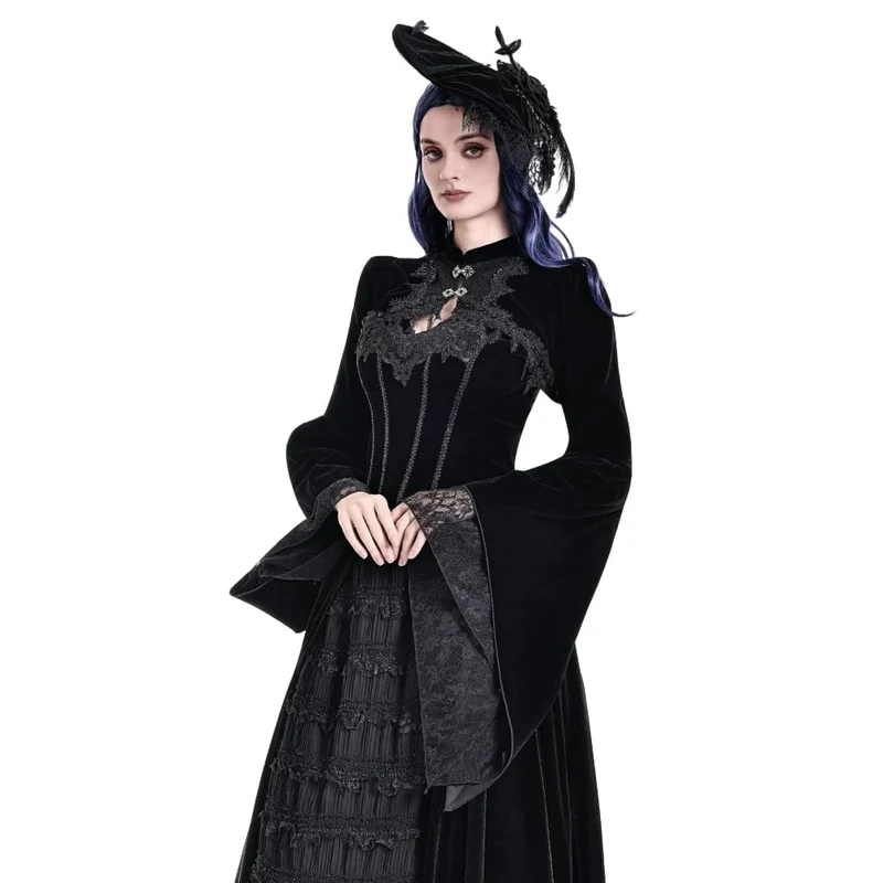 Gothic-Umhang aus Samt für Damen mit Spitzenapplikationen, ausgestellten Ärmeln.