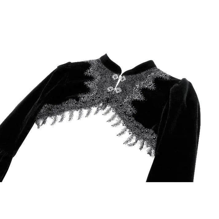Gothic-Umhang aus Samt für Damen mit Spitzenapplikationen, ausgestellten Ärmeln.