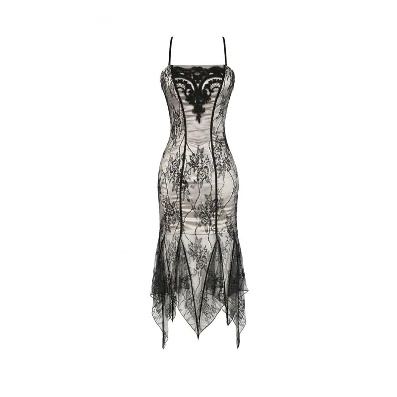 Gothic-Kleid für Damen mit floraler Stickerei, Spitze und unregelmäßigem Saum