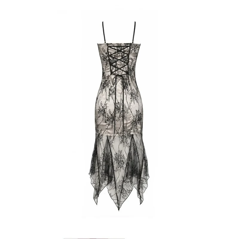 Gothic-Kleid für Damen mit floraler Stickerei, Spitze und unregelmäßigem Saum