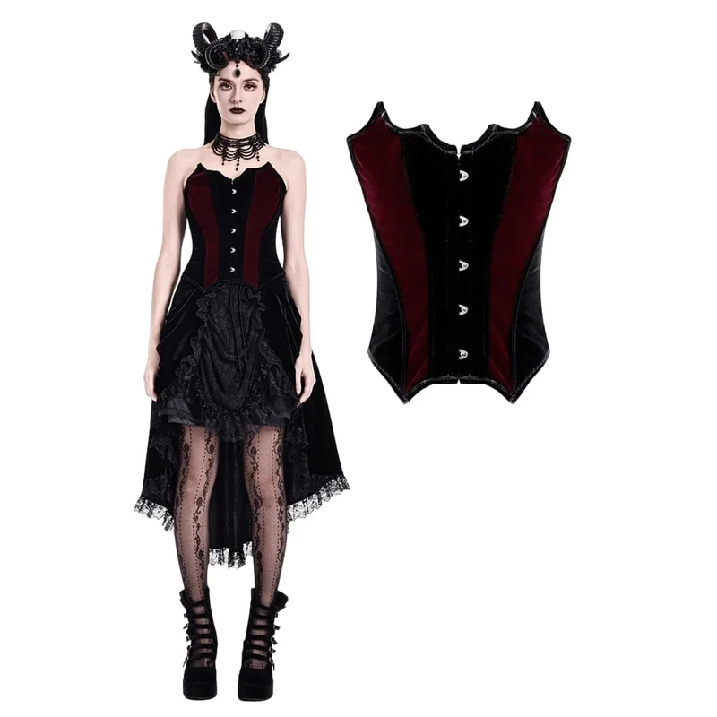 Gothic-Samtkorsett für Damen, farblich abgesetzt, Fledermausflügel-Design, Überbrustkorsett