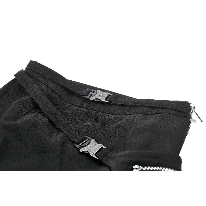 Damen-Midirock mit Punk-Schnallenriemen, Ösen, hohem Schlitz und abnehmbarer Tasche