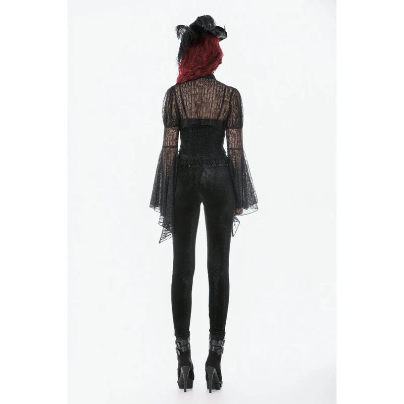 Gothic Leggings für Damen aus Samt mit floralem Mesh-Patchwork-Einsatz und Netzmuster