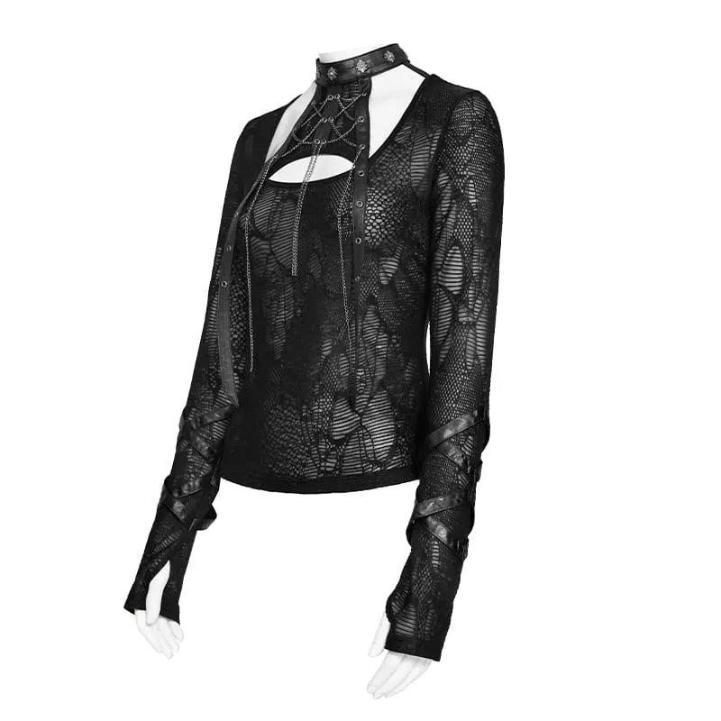 Punk-Langarmtop für Damen mit Kettenmuster und Cut-outs