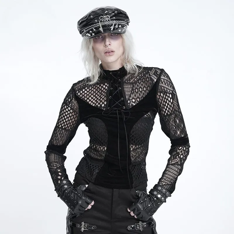 Gothic-Mesh-Schnürtop für Damen mit Stehkragen und langen Ärmeln
