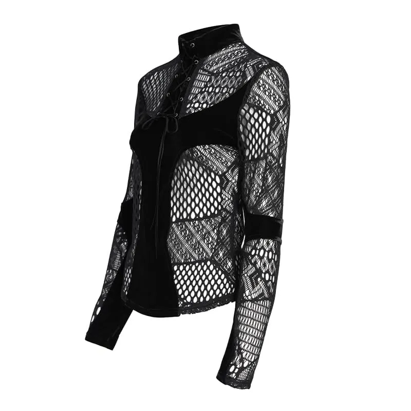 Gothic-Mesh-Schnürtop für Damen mit Stehkragen und langen Ärmeln