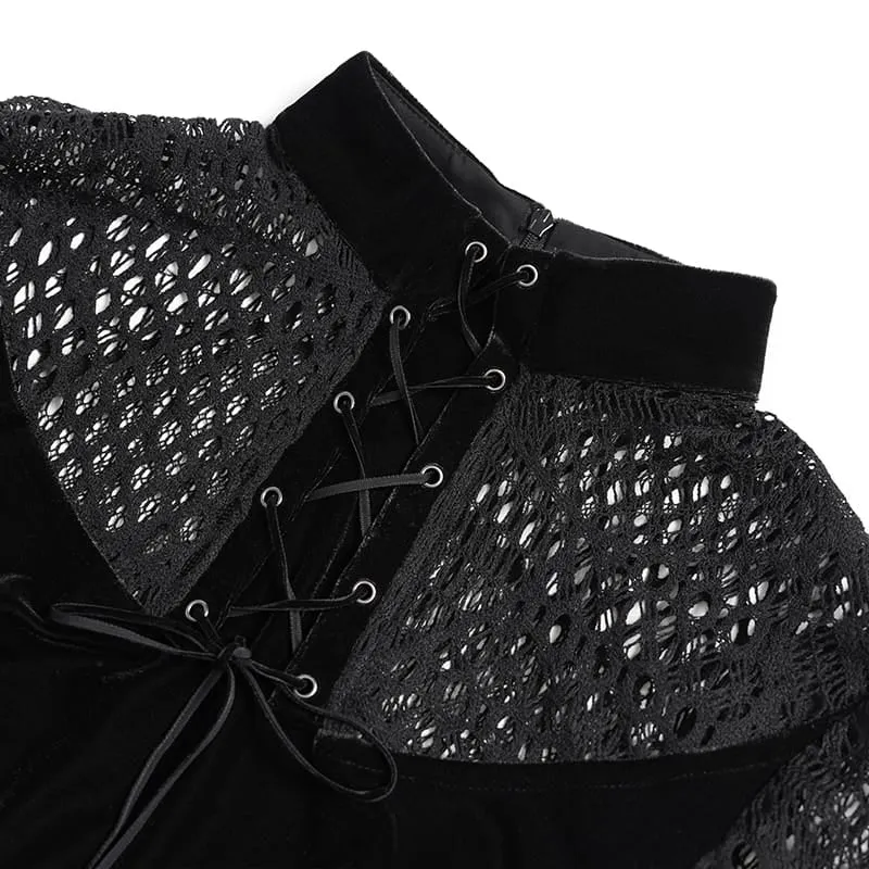 Gothic-Mesh-Schnürtop für Damen mit Stehkragen und langen Ärmeln