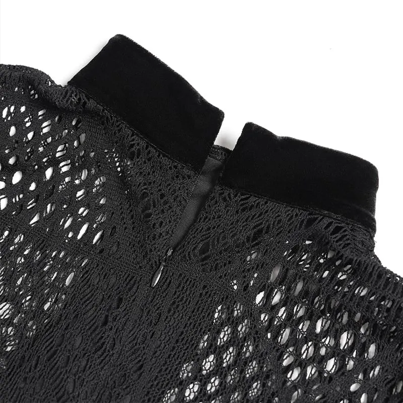 Gothic-Mesh-Schnürtop für Damen mit Stehkragen und langen Ärmeln