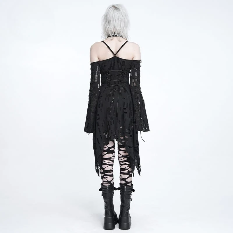 Punk-Kleid für Damen mit Ringen, zerrissenem, unregelmäßigem Saum und schulterfreiem Schnitt – Abschlusskleid