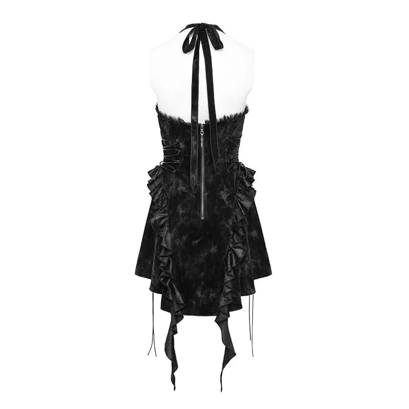 Gothic-Rüschenkleid für Damen mit tiefem V-Ausschnitt und Neckholder