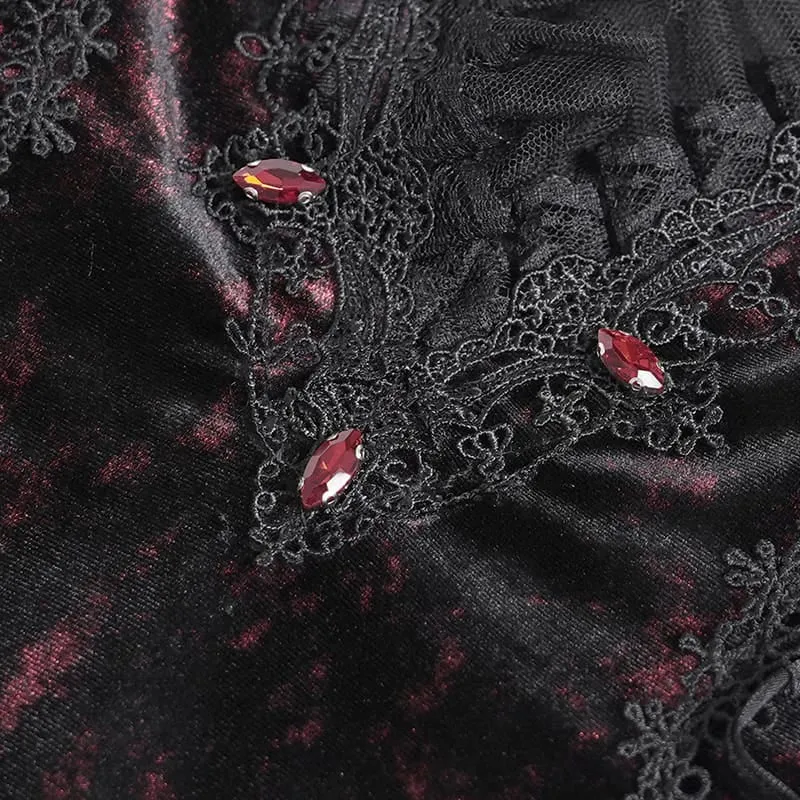 Gothic-Samtkleid für Damen mit tiefem V-Ausschnitt, Spitze und langen Ärmeln, Hochzeitskleid, Schwarz-Rot