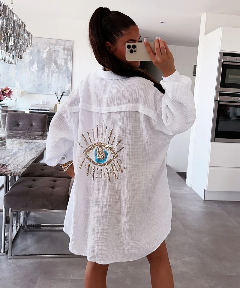 Ultra Oversize Musselin Bluse Glitzer Auge Weiß
