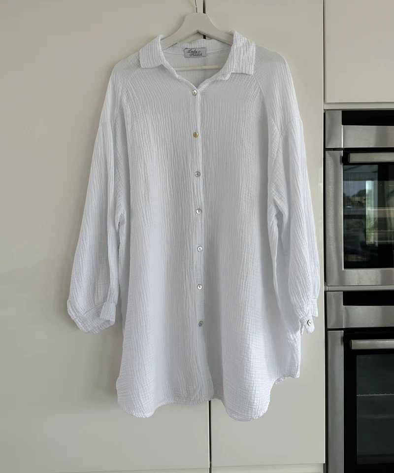 Ultra Oversize Musselin Bluse Glitzer Auge Weiß