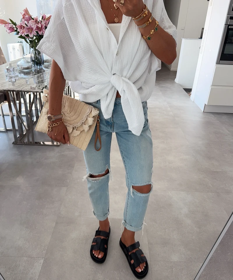 Oversize Musselin Kurzarmhemd Romy Weiß