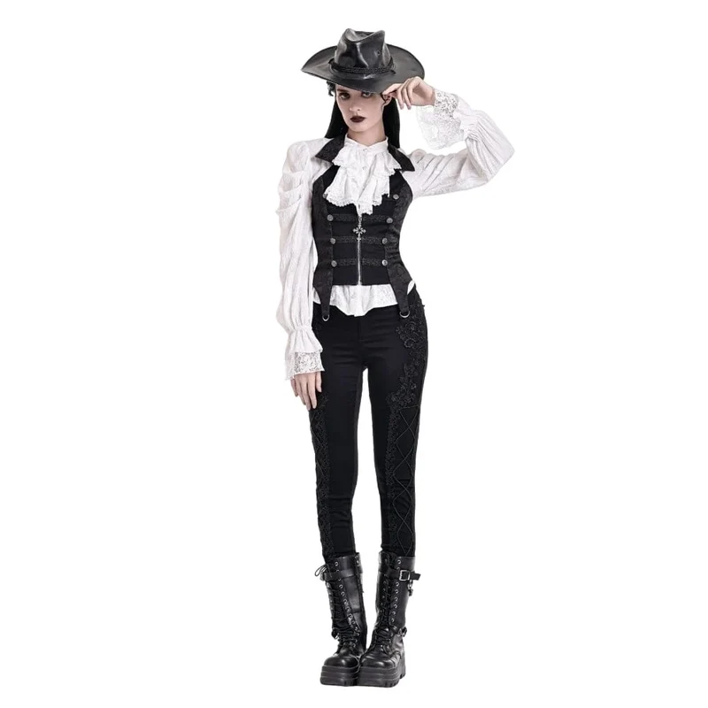 Gothic-Weste für Damen mit Neckholder, Reverskragen und Reißverschluss aus Jacquard-Stoff