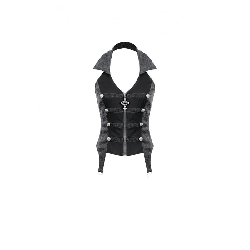 Gothic-Weste für Damen mit Neckholder, Reverskragen und Reißverschluss aus Jacquard-Stoff