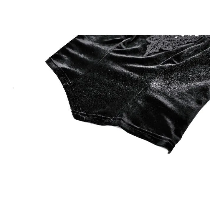 Gothic-Damen-Samttop mit Spitzenapplikationen, Stehkragen und ausgestellten Ärmeln