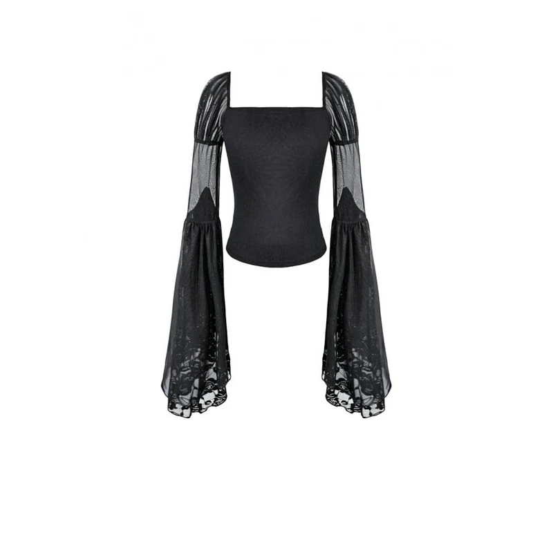 Gothic-Top für Damen, transparent, mit Rosen-Spitze, Rüschen und ausgestellten Ärmeln