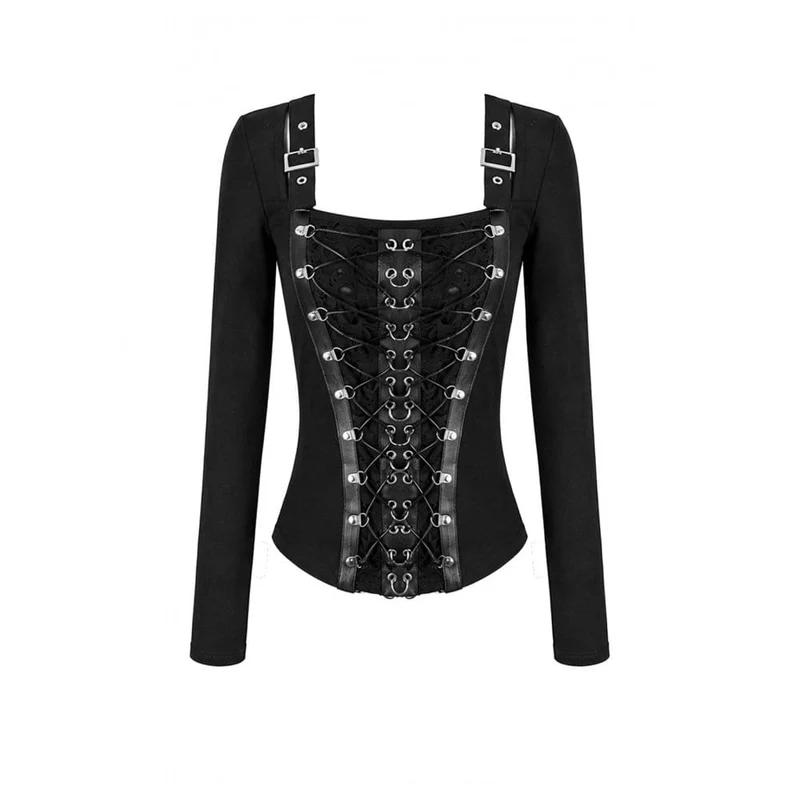 Punk-Damen-Top mit Schnürung, Schnallenriemen, eckigem Kragen und langen Ärmeln