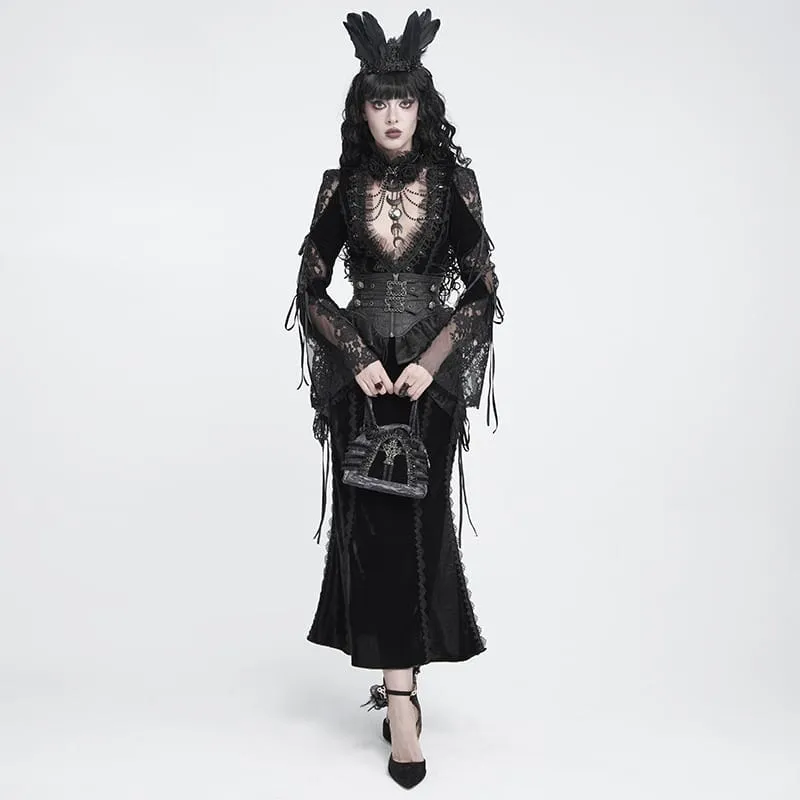 Schwarzes Gothic-Samtkleid für Damen mit tiefem V-Ausschnitt, Spitze und langen Ärmeln – ideal als Hochzeitskleid.