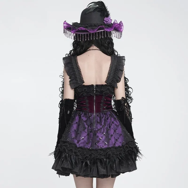 Gothic-Schnürkleid mit Federbesatz, Stickerei, schwarz-lila, Abschlusskleid