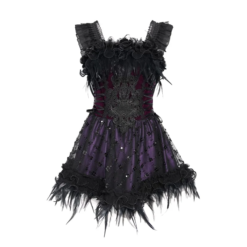 Gothic-Schnürkleid mit Federbesatz, Stickerei, schwarz-lila, Abschlusskleid