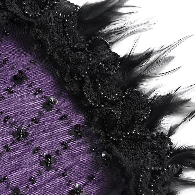 Gothic-Schnürkleid mit Federbesatz, Stickerei, schwarz-lila, Abschlusskleid