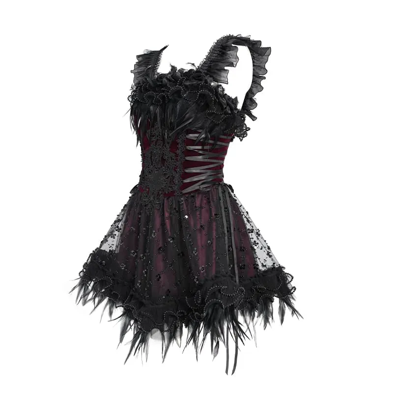 Gothic-Schnürkleid mit Federbesatz und Stickerei, schwarz-rot, ideal für Abschlussfeiern