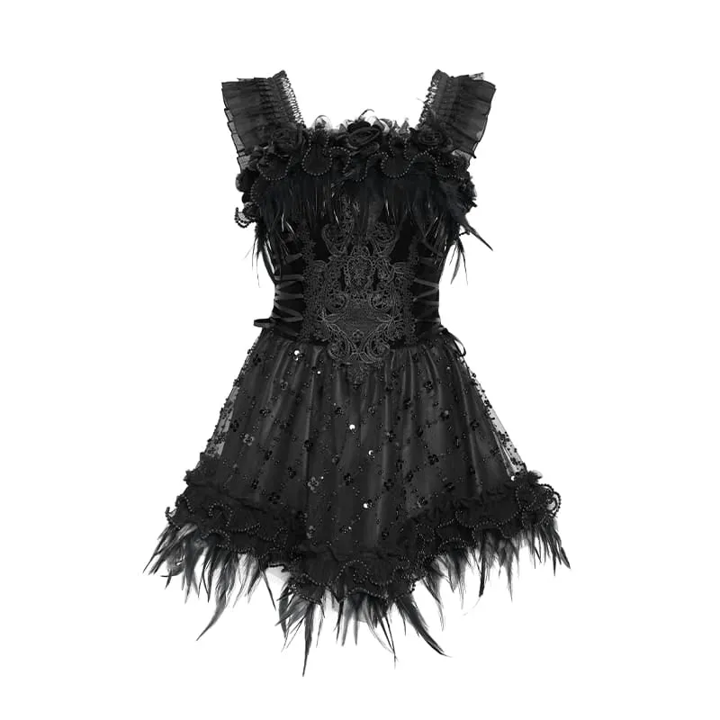 Schwarzes, gotisches Damen-Unterkleid mit Schnürung, Stickerei und Federbesatz, ideal für Abschlussfeiern.
