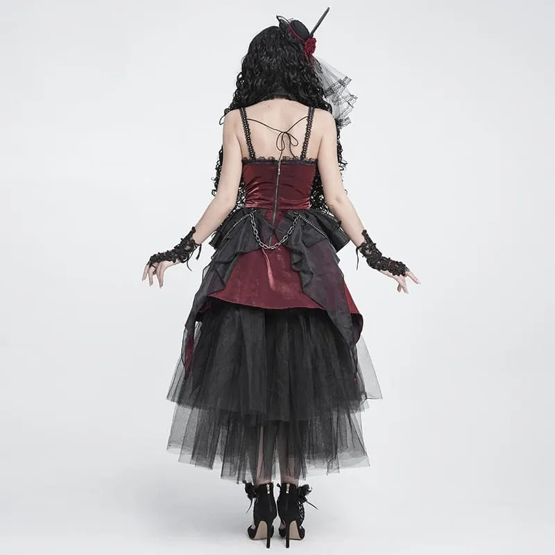 Gothic-Schnürkleid mit Kettenverzierungen, Raffungen und unregelmäßigem Saum, Brautkleid, Schwarz-Rot