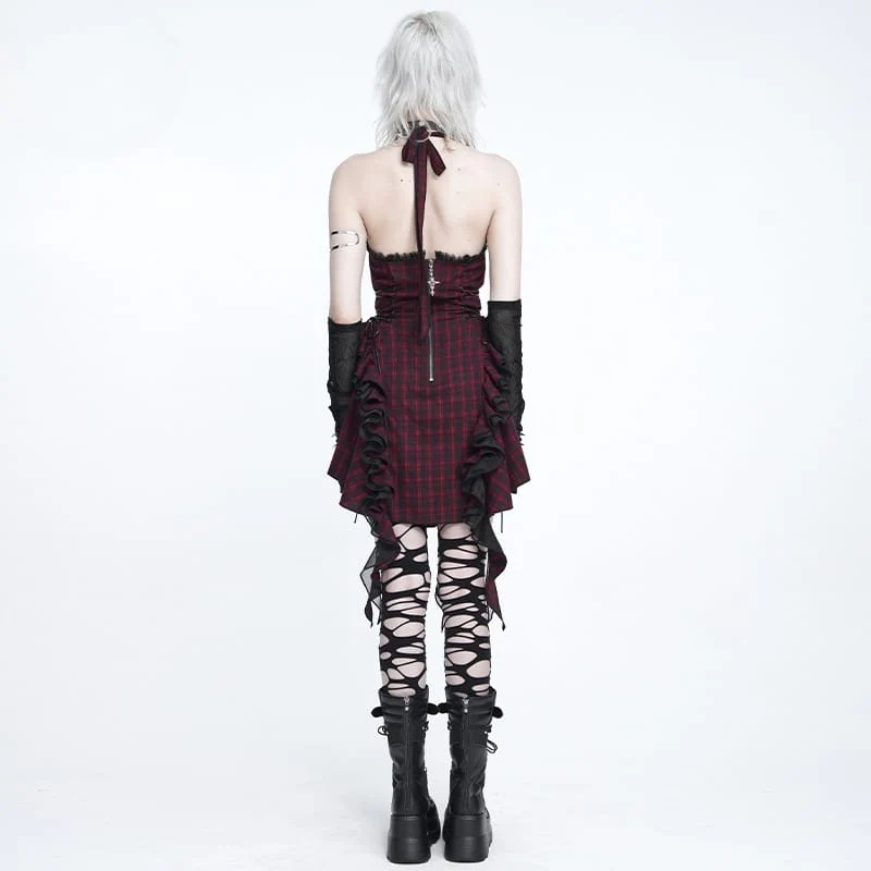 Gothic-Kleid für Damen mit Schnürung, Rüschen und Karomuster, Neckholder, Abschlusskleid