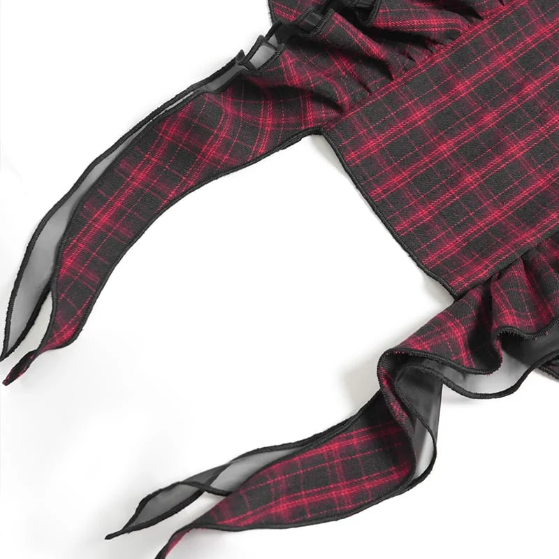 Gothic-Kleid für Damen mit Schnürung, Rüschen und Karomuster, Neckholder, Abschlusskleid
