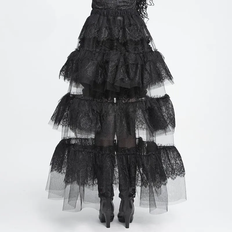 Gothic-Maxirock für Damen mit mehreren Lagen aus floraler Spitze und Mesh
