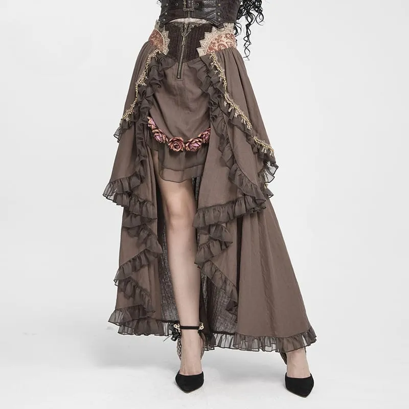 Gothic-Rüschenrock für Damen mit unregelmäßigem Saum und Rosenmuster.
