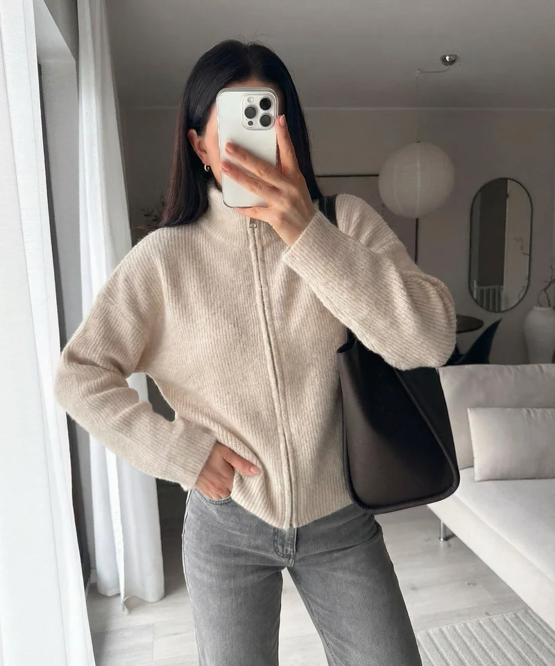 Zip Strickjacke Helena Uni Beige