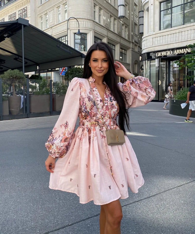 Leinen Baumwoll Kleid Nekia Blume Rosa